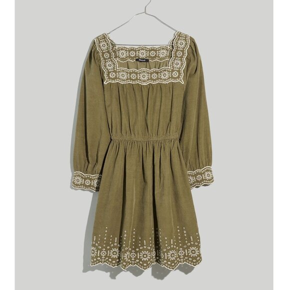 Madewell Dresses & Skirts - MADEWELL Embroidered Corduroy Square-Neck Mini Dress Olive Green sz M Women's
